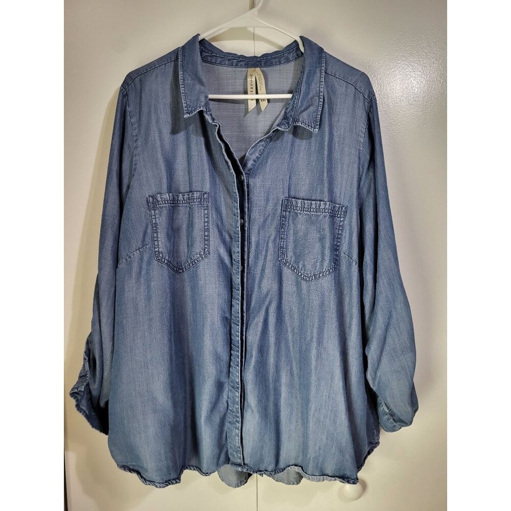 Liverpool Women's SZ XXL Chambray Light Blue Roll Tab Button Up Shirt Ponderosa